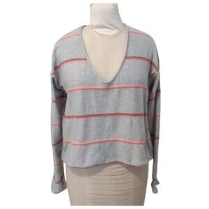 FREE PEOPLE Gray Stripe Sweater Top Size S Oversized Off the Shoulder V-Neck Y2k